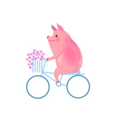 Obraz premium Pig on a bike with flowers. A pig and a basket of flowers. Vector illustration.