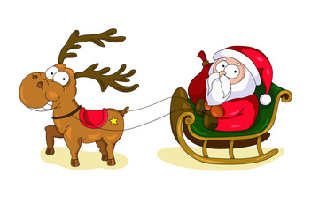Christmas card with cute Santa Claus and deer. Beautiful christmas elements cute Santa Claus on sleigh and deer. Nice characters for your Christmas design.