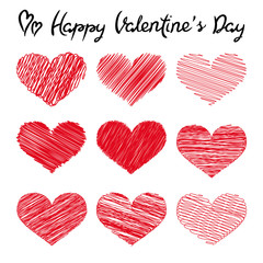 Happy Valentine's Day lettering and doodle hearts on white background, vector illustration