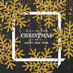 Merry Christmas background with shiny golden snowflakes and gold colored tinsel and streamer. Greeting card and Xmas template