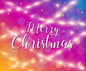 Merry Christmas banner on blurred bokeh background. Bright luminous garland. Shiny concept design for Xmas winter holiday