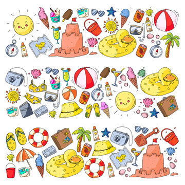 Beach and travel. Vector icons with summer vacation elements.