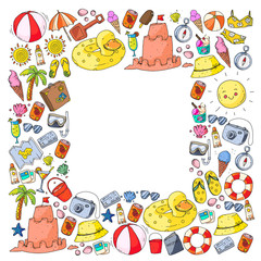 Beach and travel. Vector icons with summer vacation elements.