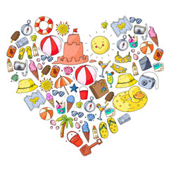 Beach and travel. Vector icons with summer vacation elements.