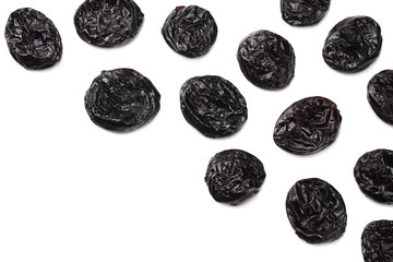 Dried plums - prunes isolated on white background. top view