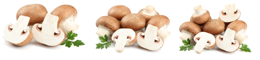 Fresh champignon mushrooms isolated on white background