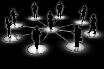 Persone in silhouette, uomini e donne, sono connesse e collegate, in modo ideale fra loro..