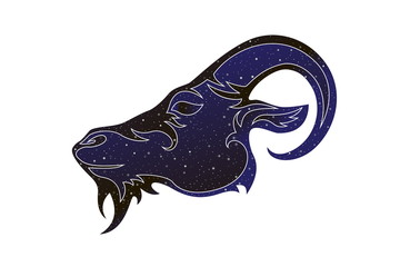 Ram head outline. Vector line goat animal illustration, night sky color silhouette isolated on white background