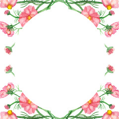 Watercolor frame delicate pink flowers on green stems with needle leaves isolated on white background.