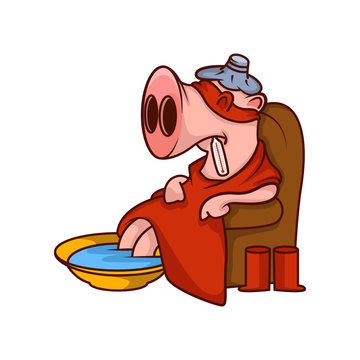 Sick pig sitting in armchair wrapped in his superhero mantle. Humanized animal feeling unhealthy. Cartoon vector design