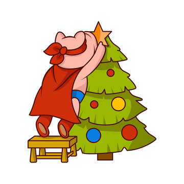 Pig dressed as superhero, standing on chair and decorating Christmas tree. Humanized animal. Cartoon vector design
