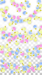 Vector Realistic Colorful Petals Falling on Transparent Background.  Spring Romantic Flowers Illustration. Flying Petals. Sakura Spa Design. Blossom Confetti. Design Elements for Wedding Decoration.