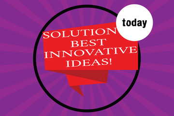 Conceptual hand writing showing Solution Best Innovative Ideas. Business photo text Good imaginative creative alternatives Folded 3D Ribbon Strip inside Circle on Halftone Sunburst
