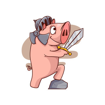 Pig knight standing with one leg on stone and holding sword. Humanized animal in metal helmet. Cartoon vector design