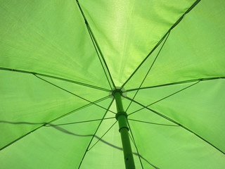 green parasol  with its spokes seen from the inside