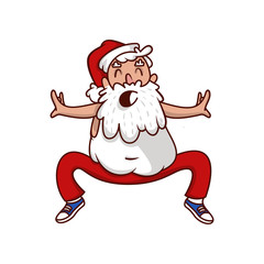 Fat Santa Claus doing sport exercise. Physical activity. Old bearded man. Healthy lifestyle. Cartoon vector design