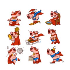 Vector set of pig dressed in superhero costume in different actions. Humanized animal. Funny cartoon character