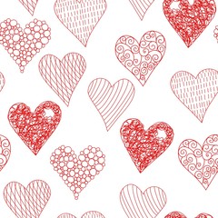 Cute  red scribbled hearts vector seamless pattern with white background.