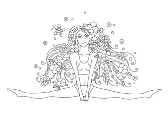 Vector graphic hand drawn illustration of young beautiful girl with long hair with flowers, leaves, butterfly. Woman sitting on string. Black and white picture for coloring, line drawing.