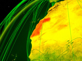 Western Sahara on model of green planet Earth with international networks. Concept of digital communication and technology.