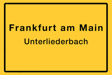 Symbolisches Ortsschild der Stadt Frankfurt am Main mit Name des einzelnen Stadtteils für z.B. örtliche Berichterstattung