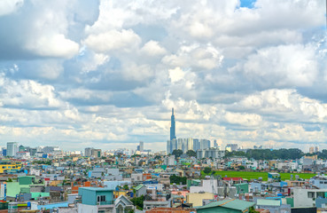 Ho Chi Minh City, Vietnam - September 22nd, 2018: Landscape from above in the city in the afternoon with skyscrapers showing the economic development in Ho Chi Minh City, Vietnam