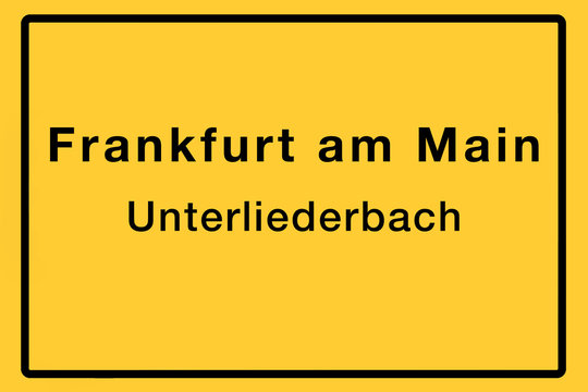 Symbolisches Ortsschild der Stadt Frankfurt am Main mit Name des einzelnen Stadtteils f&uuml;r z.B. &ouml;rtliche Berichterstattung