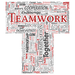 Vector conceptual teamwork management letter font red partnership idea, success goal word cloud isolated background. Collage of business strategy, group cooperation solution or team concept design