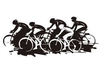 Cycling race, expressive Stylized. 
Illustration of cyclists in full speed. Imitation of hand drawing. Isolated on white background.Vector available.