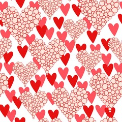 Hand drawn  red hearts and red and pink heart shapes vector seamless pattern on white background.