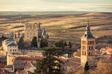 View from the Cathedral of Segovia del Alcázar and the church of San Andres in Segovia (Spain
