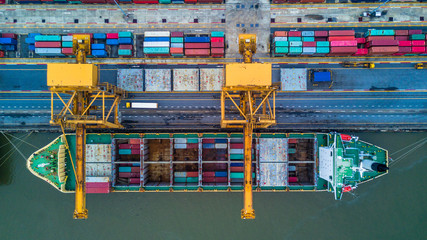 Container ship carrying container for import and export, Aerial view business logistic and freight transportation by ship in open sea.