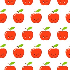 cute flat design cartoon apple kawaii seamless pattern character red white background