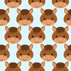Cute horse seamless pattern on blue background. flat style