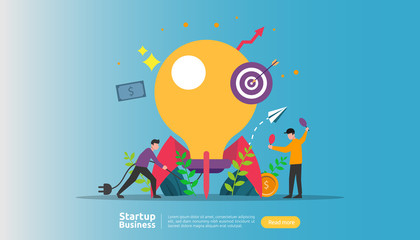 start up idea concept. project business with rocket tiny people character. new product or service launch template for web landing page, banner, presentation, social, print media. Vector illustration.