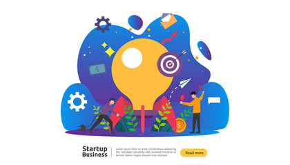start up idea concept. project business with rocket tiny people character. new product or service launch template for web landing page, banner, presentation, social, print media. Vector illustration.