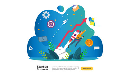 start up idea concept. project business with rocket tiny people character. new product or service launch template for web landing page, banner, presentation, social, print media. Vector illustration.