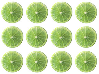 Juicy lime slice circle shape alignment isolated on white background