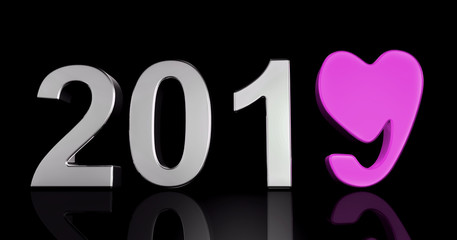 3d illustration of 2019 new year with 9 make with hart 
