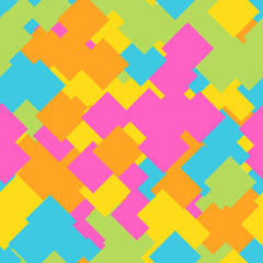Seamless abstract geometric pattern of overlapping squares in random order. Funny, happy and children theme. Simple flat vector illustration.