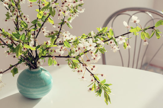 Fototapeta Branch of a flowering tree stands in a round vase on a table.