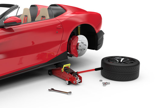 Car Lifted With Red Hydraulic Floor Jack For Repairing