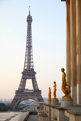 Fototapeta na wymiar PARIS, FRANCE - JULY 7, 2018: Eiffel tower, nobody at Trocadero in a clear summer morning in Paris, France