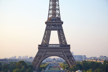 Fototapeta na wymiar Eiffel tower detail from Trocadero in a clear summer morning in Paris, France