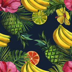 Watercolor pattern with tropical palm leaves, bananas, pineapples, flowers. Seamless pattern