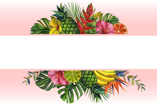 Watercolor flowers frame. with tropical palm leaves, bananas, pineapples, flowers. Seamless pattern