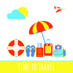 Time to travel summer beach holiday vacation poster or banner flat style design vector illustration concept isolated white background. Text, plane, flip flops, luggage suitcase, pasport, tickets signs