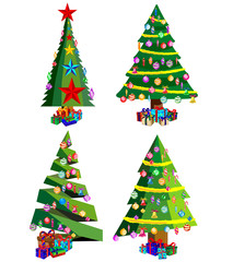 Star decorations, balls and light chains decorated Christmas trees with lots of gift boxes.