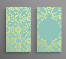 Ornamented covers design in gold and turquoise colors. Greeting cards, invitation, money envelopes design.