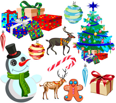 Set for happy Christmas and new year, cartoon icons and illustrations